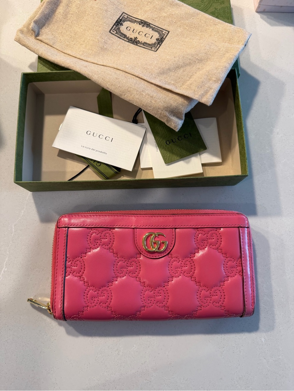 Gucci Pink GG Marmont Quilted Zip Wallet with Gold Hardware